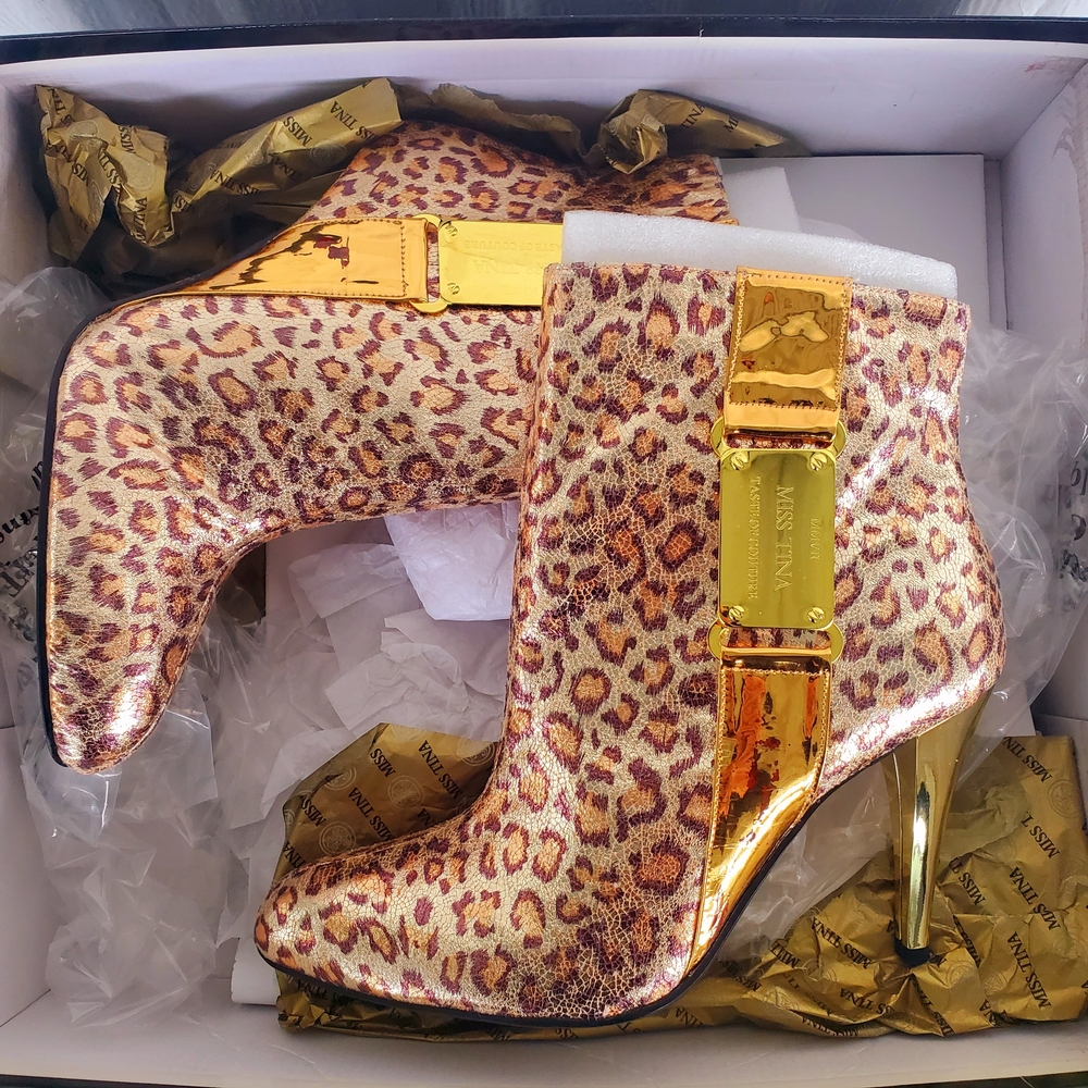 Miss Tina Womens Size 8 M Gold Leopard Print High Heel Booties Taste of Couture